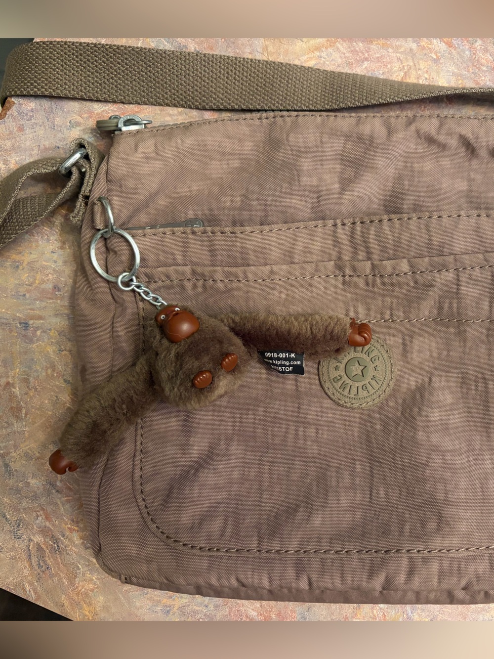 Kipling Olive-Brown Nylon Crossbody Bag with Monkey Charm